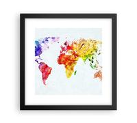 Cuadro Poster de Pared 30x30cm Póster Marco Mundo mapa colorido continentes Art