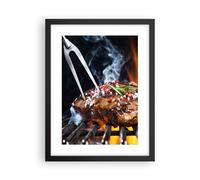 Cuadro Poster de Pared 30x40cm Marco Carne parrilla llamas comida Wall Art