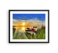 Cuadro Poster de Pared 50x40cm Barco lago puesta del sol verano la gente Art