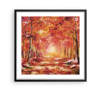 Cuadro Poster de Pared 50x50cm Póster Marco Otoño Bosque Rojo Wall Art Prints
