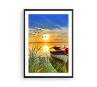Cuadro Poster de Pared 50x70cm Barco lago puesta del sol verano la gente Art