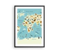 Cuadro Poster de Pared 50x70cm Póster Marco Animales El Mundo Mapa Wall Art
