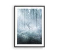 Cuadro Poster de Pared 50x70cm Póster Marco Ciervo Bosque Amanecer Wall Art