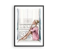 Cuadro Poster de Pared 50x70cm Póster Marco Mujer Balcón Ventana Wall Art Prints