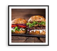 Cuadro Poster de Pared 60x60cm Marco Americano hamburguesa comida barbacoa Art