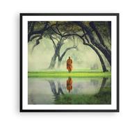 Cuadro Poster de Pared 60x60cm Póster Marco Monje Bosque Niebla Wall Art Prints