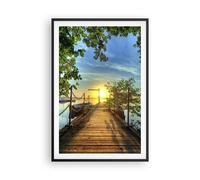 Cuadro Poster de Pared 61x91cm Marco Lago puesta del sol barco Paisaje Wall Art