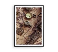 Cuadro Poster de Pared 70x100cm Marco Cartografía Vintage Brújula Wall Art