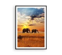 Cuadro Poster de Pared 70x100cm Marco Elefantes Safari selva arbusto Wall Art