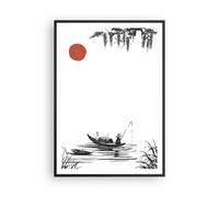 Cuadro Poster de Pared 70x100cm Póster Marco China Pescador Dibujo Wall Art