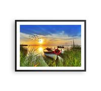 Cuadro Poster de Pared 70x50cm Barco lago puesta del sol verano la gente Art