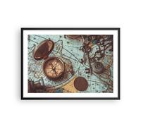 Cuadro Poster de Pared 70x50cm Póster Marco Brújula Vintage Mapa Wall Art Prints