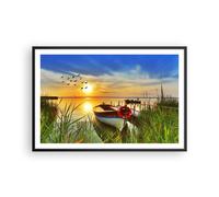 Cuadro Poster de Pared 91x61cm Barco lago puesta del sol verano la gente Art