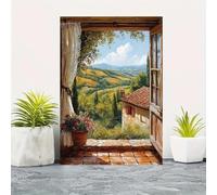 Cuadro retro sobre lienzo que representa una vista desde una ventana, mostrando un paisaje de colinas onduladas con cortinas de encaje, ideal para la sala de estar (70x100 cm/sin marco).