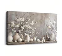 Cuadro rústico de flores de ciruelo en lienzo sobre jarrón de cerámica sobre fondo gris. Obra de arte floral de estilo campestre para dormitorio (65x135cm/Sin marco).