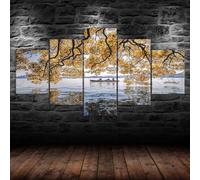 Cuadro sobre Impresión Lienzo 5 Piezas-Cuadros en Lienzo Hojas Amarillas Árbol Lago Vista Barco 5 Piezas con Marco Dormitorios Decoración para El Hogar-Cuadro Pared Salon-Listo para Colgar 200x100cm