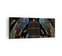 Cuadro Sobre Lienzo 100x40cm Cuadros Pared Pavos reales Oro Jaula Wall Art