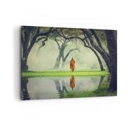 Cuadro Sobre Lienzo 100x70cm Cuadros Pared Monje Bosque Niebla Wall Art Prints