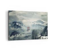 Cuadro Sobre Lienzo 100x70cm Cuadros Pared Tormenta Montañas Velero Wall Art