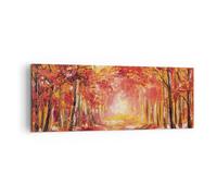 Cuadro Sobre Lienzo 140x50cm Cuadros Pared Otoño Bosque Rojo Wall Art Prints