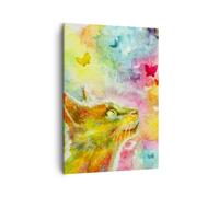 Cuadro Sobre Lienzo 50x70cm Cuadros Pared Gato mariposa arco iris magia Wall Art