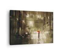 Cuadro Sobre Lienzo 70x50cm Cuadros Pared ilustración desastre Calle Lluvia Art