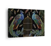 Cuadro Sobre Lienzo 70x50cm Cuadros Pared Pavos reales Oro Jaula Wall Art Prints