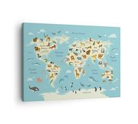 Cuadro sobre Lienzo 70x50cm Horizontal Infantil Mapa del Mundo - 4860 | Animales Mundo Mapa Cuadro Decorativo Arte mural Decoración del Hogar Salón Dormitorio Cocina Oficina Cuadros de Pared Estilo