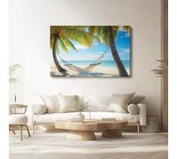 Cuadro sobre Lienzo 90l x45an cm Sin marco Impresión en material tejido no tejido cuadros Hamaca en la playa con vacaciones decoracion salon modernos lienzos decorativos dormitorios Azul Verde