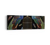 Cuadro Sobre Lienzo 90x30cm Cuadros Pared Pavos reales Oro Jaula Wall Art Prints