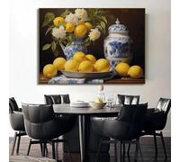 Cuadro sobre lienzo con frutas, naturaleza muerta, manzanas, limones y aceitunas. Póster impreso estilo vintage kitsch (35x50cm).
