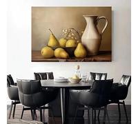 Cuadro sobre lienzo con frutas, naturaleza muerta, manzanas, limones y aceitunas. Póster impreso estilo vintage kitsch (40x60 cm/sin marco).