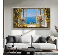 Cuadro sobre lienzo con vista al mar Mediterráneo, arte de pared con ventana abierta, limonero y flores, naturaleza muerta, decoración costera para sala de estar (55 x 110 cm)