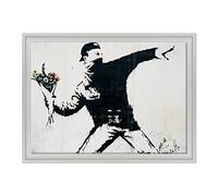 Cuadro sobre lienzo enmarcado - Banksy - Arte Street Art - Lanzador de flores - 50 x 70 cm - Estilo contemporáneo blanco - (cod.1644)