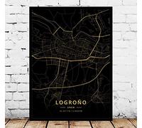 Cuadro Sobre Lienzo,Logroño España Mapa De La Ciudad Imprime Carteles Pintura Mural Oro Negro Pintura De Arte Rectángulo Imágenes Arte Pop Para Sala De Estar Dormitorio Decoración Del Hogar, 50X