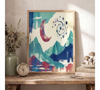 Cuadro Sobre Lienzo Luna Creciente Estelas De Estrellas Montañas, Arte Abstracto Retro En Lienzo,Laminas Decorativas Pared Sin Marco, Decor Para Sala Dormitorio Cocina Baño Oficina Pasillo 60×90 cm