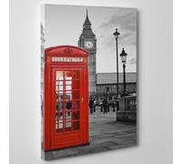 Cuadro sobre lienzo - montado - Listo para colgar - Ciudad Londres Cabina Telefónica - Big Ben - London - Inglaterra Reino Unido - 50 x 70 cm - sin marco - (código 007)