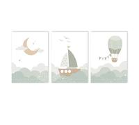Cuadro sobre lienzo para pared, diseño de dibujos animados, luna, barco, globo aerostático, pósteres verdes, impresiones, imágenes de pared nórdicas, decoración de dormitorio (70 x 100 cm, sin marco)