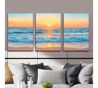 Cuadro sobre lienzo sin marco, hermoso amanecer junto al mar, obra de arte giclée, ideal para sala de estar, biblioteca, oficina, cafetería (40x60cmx3, sin marco)