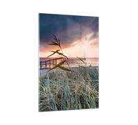 Cuadro Sobre Vidrio 80x120cm Cuadros Pared Playa Hierba Horizonte Wall Art