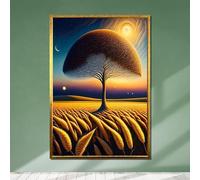 Cuadro surrealista del Árbol de la Vida sobre lienzo, pósteres de arte de campo de trigo dorado, arte mural paisajístico para sala de estar, decoración de pared para el hogar (70x110cm/marco interno)