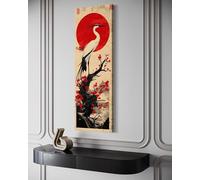 Cuadro vertical de grulla japonesa - Impresión en lienzo de aves asiáticas, pósteres de cerezos en flor y sol rojo - Decoración de pared zen enmarcada y lista para colgar (30x90cm/sin marco)