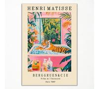 Cuadro vintage de Henri Matisse, tigre en la bañera, divertido póster para el baño, lindo tigre estampado, decoración de pared de playa con dopamina rosa y verde, imagen botánica tropical con flores