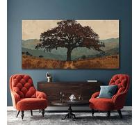 Cuadro y láminas de paisaje con silueta de roble estilo retro, arte de pared de estilo nórdico para la decoración del hogar y la sala de estar (30x60cm)