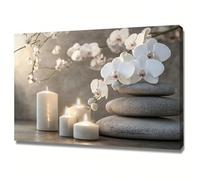 Cuadro Zen en lienzo con luz de vela sobre piedra y orquídea. Estilo asiático. Escena de spa o naturaleza. Decoración minimalista para el hogar o la oficina (70x110cm/Sin marco).