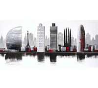 Cuadroexpres - Cuadro Pintado Ciudad de Barcelona 100x50 cm, Moderno, en Blanco y Negro y Detalles en Rojo. 100% Original, sobre Lienzo.