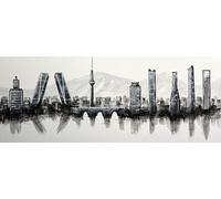 Cuadroexpres - Cuadro Pintado Skyline de Madrid en Blanco y Negro 148x60 cm, con la Sierra al fondo, sobre lienzo, Listo para colgar. 100% Original, Firmado por el artista.