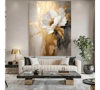Cuadros abstractos de flores blancas en lienzo para pared, impresión de pintura texturizada en dorado y gris, obra de arte floral contemporánea para sala de estar (70x90cm/sin marco)