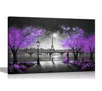 Cuadros abstractos en blanco y negro con texto "Alone at Night in Paris", color morado, extra grande, para sala de estar, dormitorio, pasillo, cocina u oficina, impresiones coloridas de 101 x 76 cm
