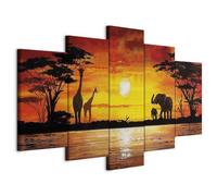 Cuadros B&D XXL - Cuadro en Lienzo Animales 200x100 cm 5 piezas - Impresión en material tejido no tejido cuadros decoracion salon modernos lienzos - elefantes jirafas sol Africa 5730
